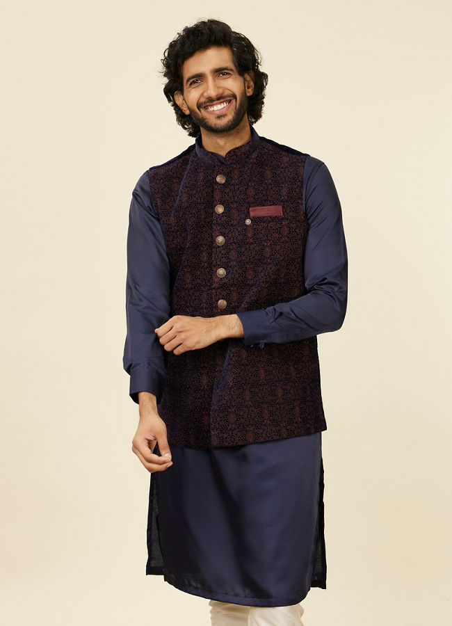 alt message - Manyavar Men Dark Blue Self-Textured Nehru Jacket image number 0